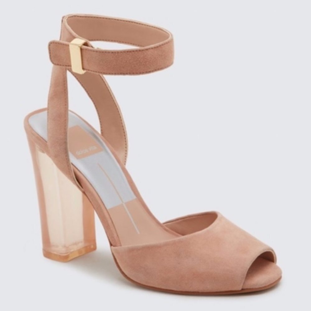 🍑 Dolce Vita Peach Nude Genuine Suede Leather Acrylic Clear Lucite Heel Sandals